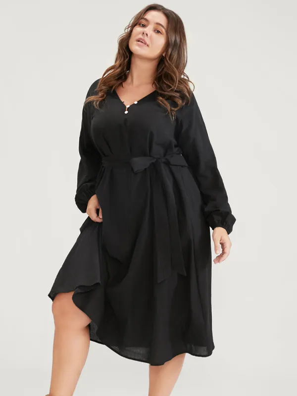 Solid Belted Lantern Sleeve Button Up Pocket Midi Dress sold by Bloomchic