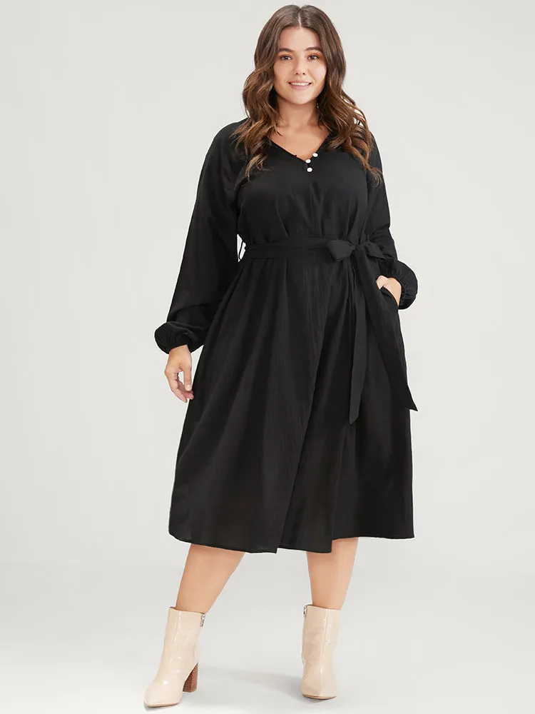 Solid Belted Lantern Sleeve Button Up Pocket Midi Dress sold by Bloomchic product image thumbnail 2