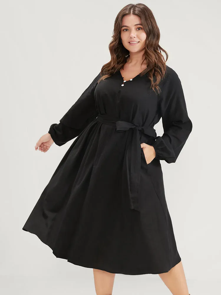 Solid Belted Lantern Sleeve Button Up Pocket Midi Dress sold by Bloomchic product image thumbnail 3
