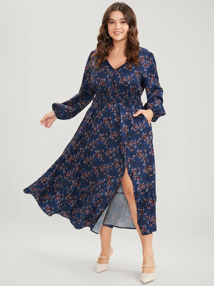 Floral V Neck Pocket Lantern Sleeve Shirred Split Dress sold by Bloomchic product image thumbnail 4