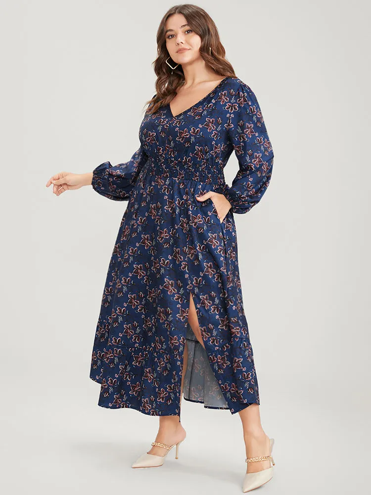 Floral V Neck Pocket Lantern Sleeve Shirred Split Dress sold by Bloomchic