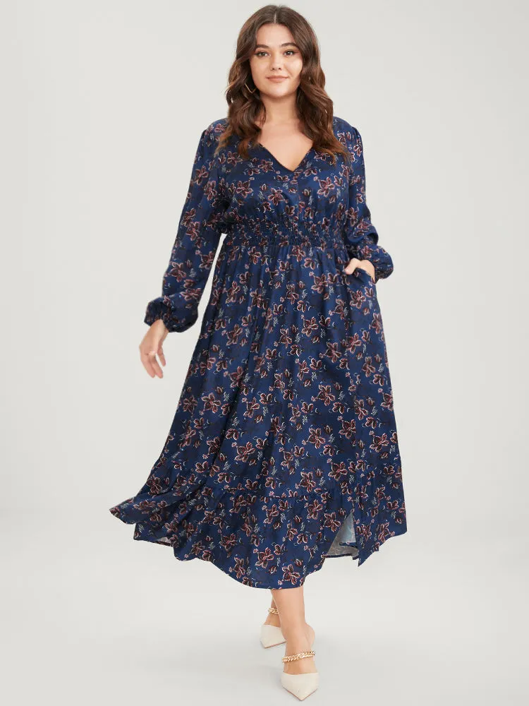 Floral V Neck Pocket Lantern Sleeve Shirred Split Dress sold by Bloomchic product image thumbnail 5