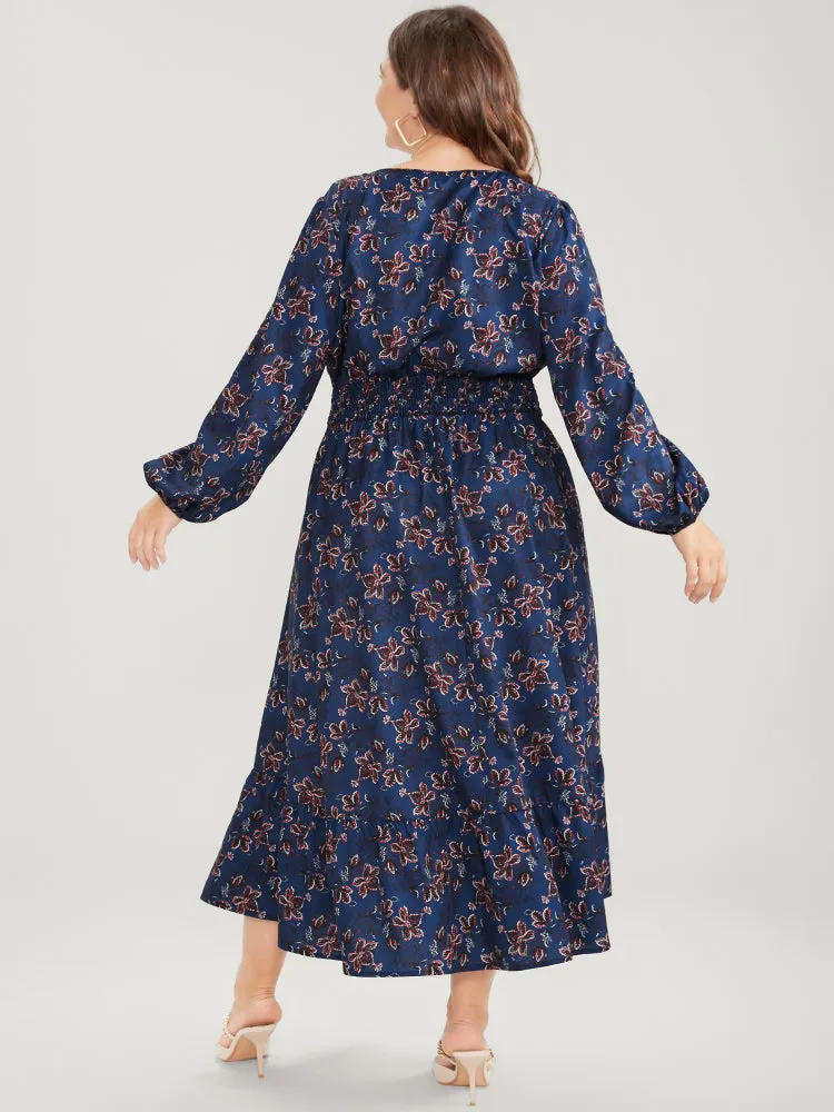 Floral V Neck Pocket Lantern Sleeve Shirred Split Dress sold by Bloomchic product image thumbnail 2