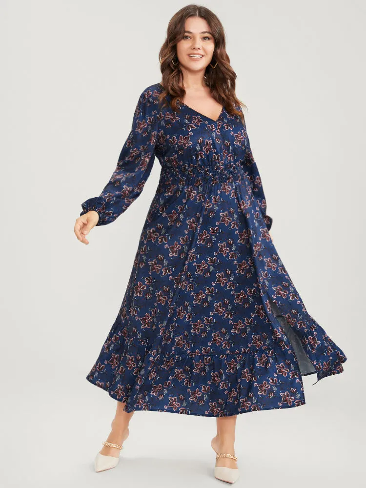 Floral V Neck Pocket Lantern Sleeve Shirred Split Dress sold by Bloomchic product image thumbnail 3