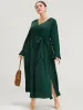 Solid V Neck Ruffled Button Detail Belted Split Maxi Dress sold by Bloomchic