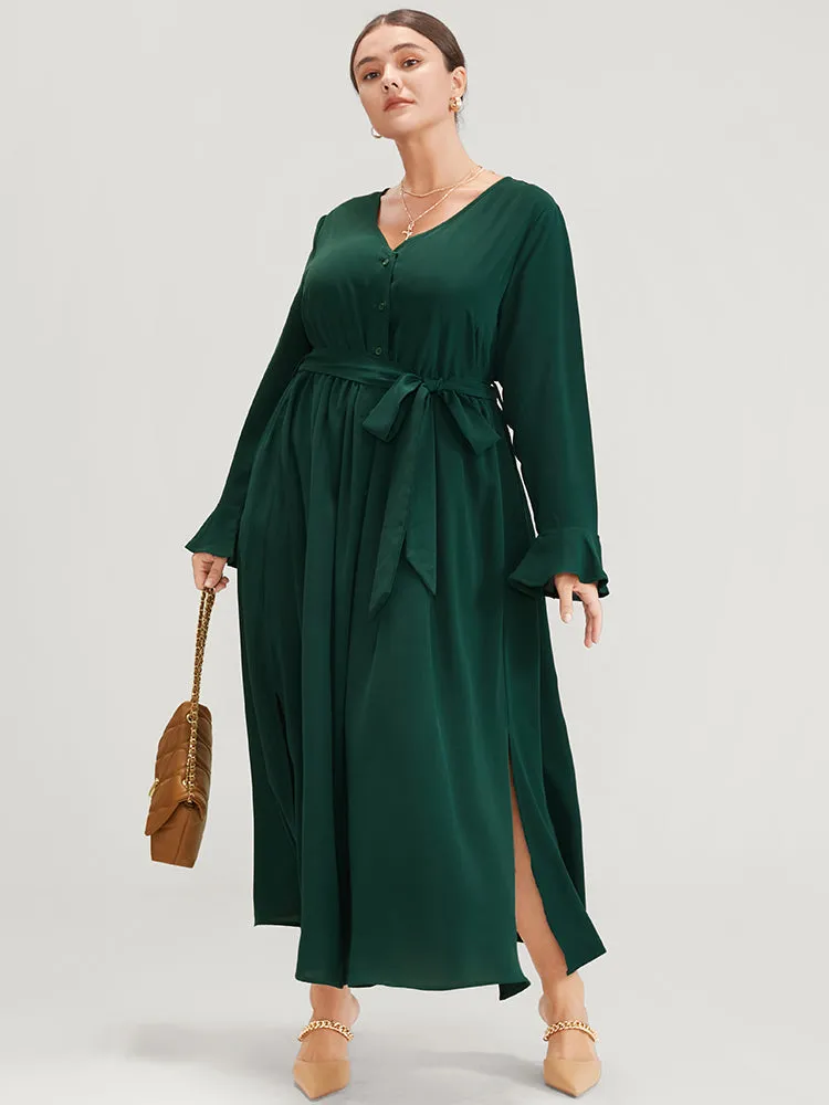 Solid V Neck Ruffled Button Detail Belted Split Maxi Dress sold by Bloomchic product image thumbnail 4