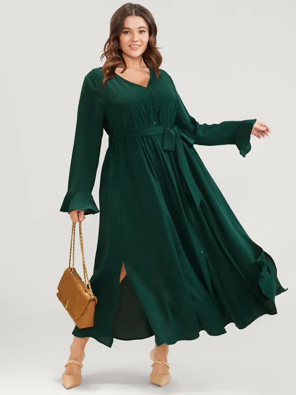 Solid V Neck Ruffled Button Detail Belted Split Maxi Dress sold by Bloomchic