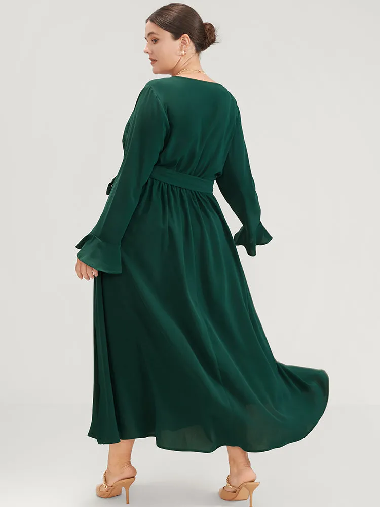 Solid V Neck Ruffled Button Detail Belted Split Maxi Dress sold by Bloomchic product image thumbnail 5