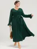 Solid V Neck Ruffled Button Detail Belted Split Maxi Dress sold by Bloomchic