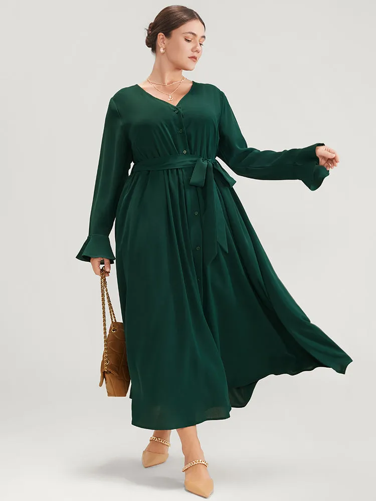 Solid V Neck Ruffled Button Detail Belted Split Maxi Dress sold by Bloomchic product image thumbnail 2