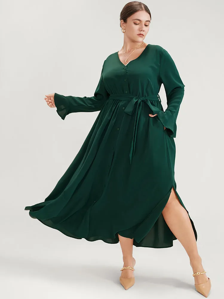 Solid V Neck Ruffled Button Detail Belted Split Maxi Dress sold by Bloomchic product image thumbnail 3