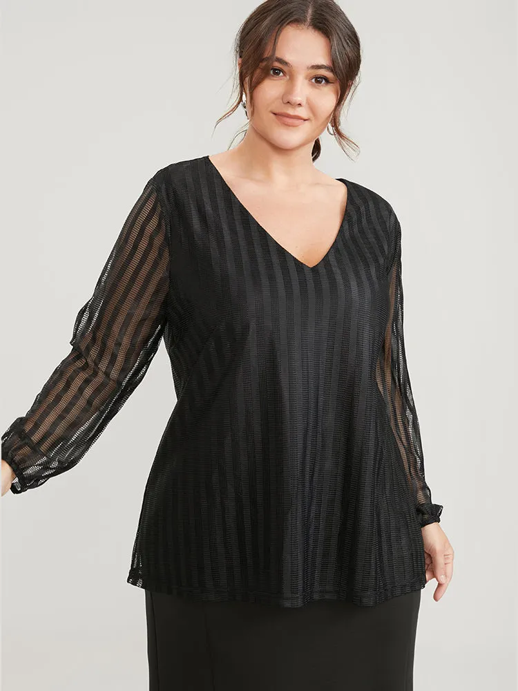 Striped Mesh Cut Out V Neck Blouse sold by Bloomchic