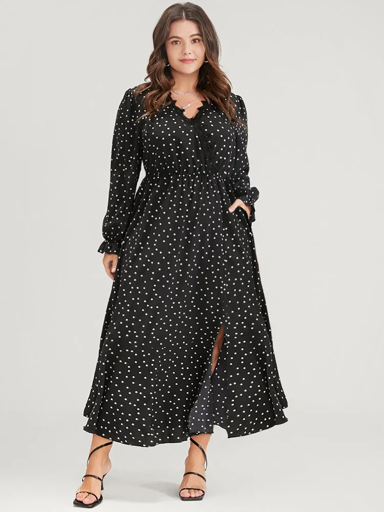 Polka Dot Pocket Contrast Lace Split Hem Dress sold by Bloomchic