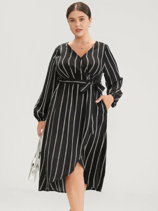Striped Lantern Sleeve Pocket Wrap Midi Dress sold by Bloomchic