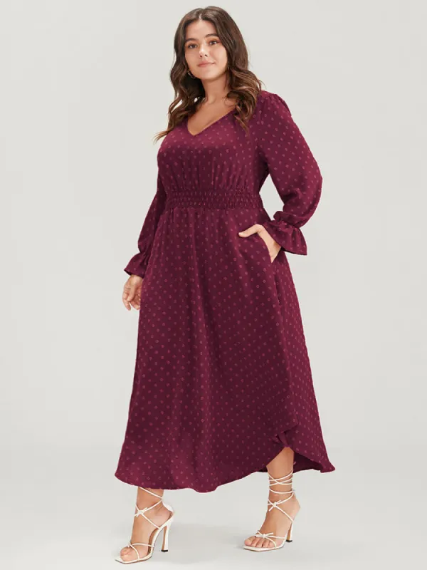 Polka Dot Pocket Lantern Sleeve Shirred Maxi Dress sold by Bloomchic