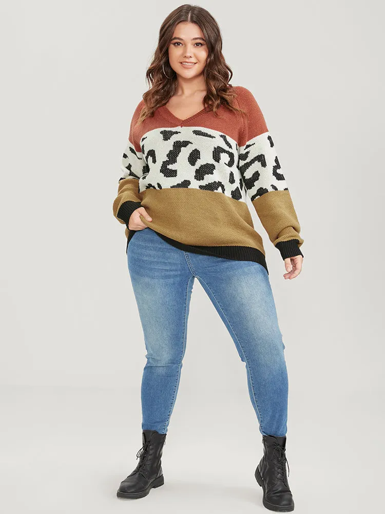 Leopard Colorblock Contrast Pointelle Knit V Neck Knit Top sold by Bloomchic product image thumbnail 5