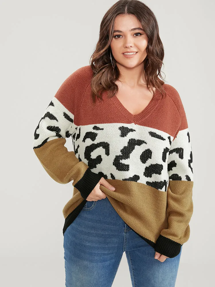 Leopard Colorblock Contrast Pointelle Knit V Neck Knit Top sold by Bloomchic product image thumbnail 4