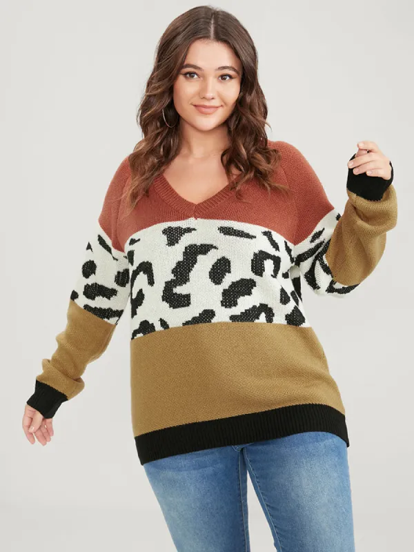 Leopard Colorblock Contrast Pointelle Knit V Neck Knit Top sold by Bloomchic