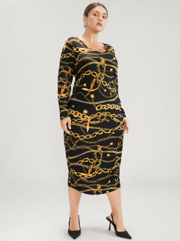 Chain Print Round Neck Bodycon Midi Dress sold by Bloomchic