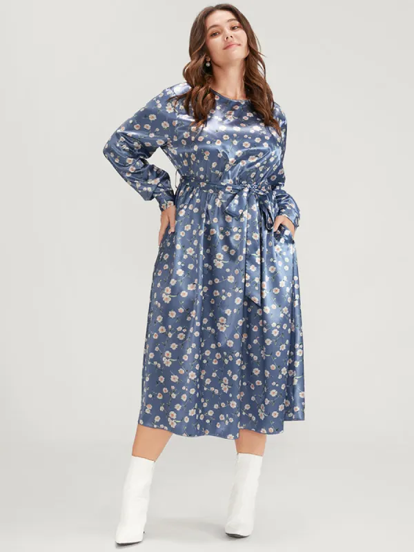 Floral Keyhole Back Pocket Belted Satin Midi Dress made by Bloomchic