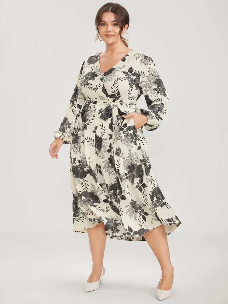 Floral Print Lantern Sleeve Pocket Split Belted Dress sold by Bloomchic