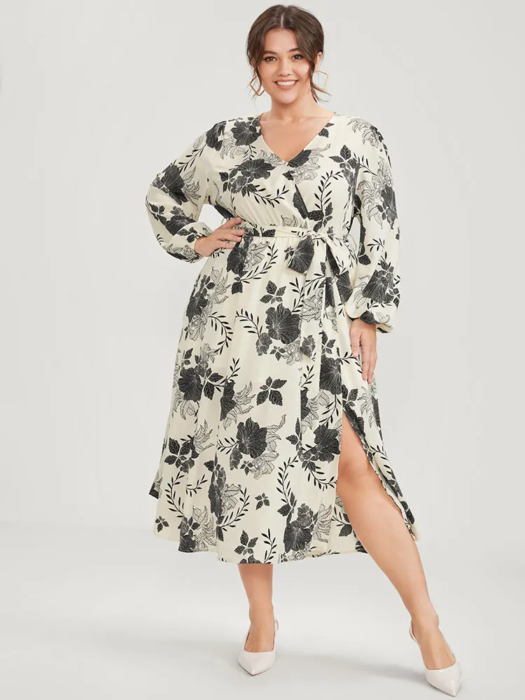 Floral Print Lantern Sleeve Pocket Split Belted Dress sold by Bloomchic product image thumbnail 4