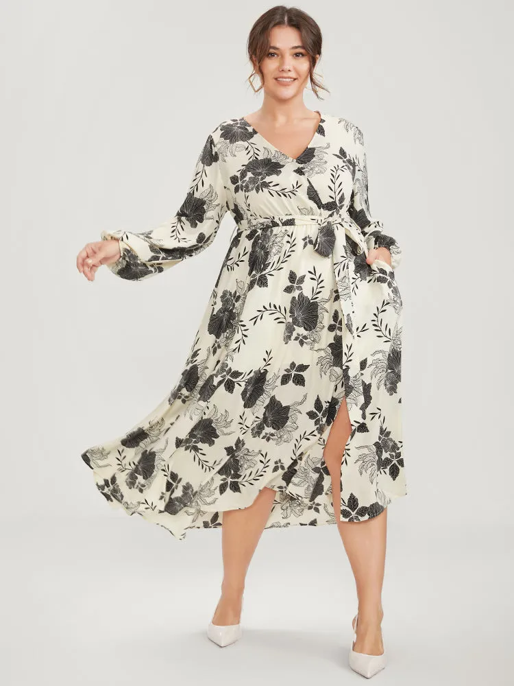Floral Print Lantern Sleeve Pocket Split Belted Dress sold by Bloomchic product image thumbnail 2