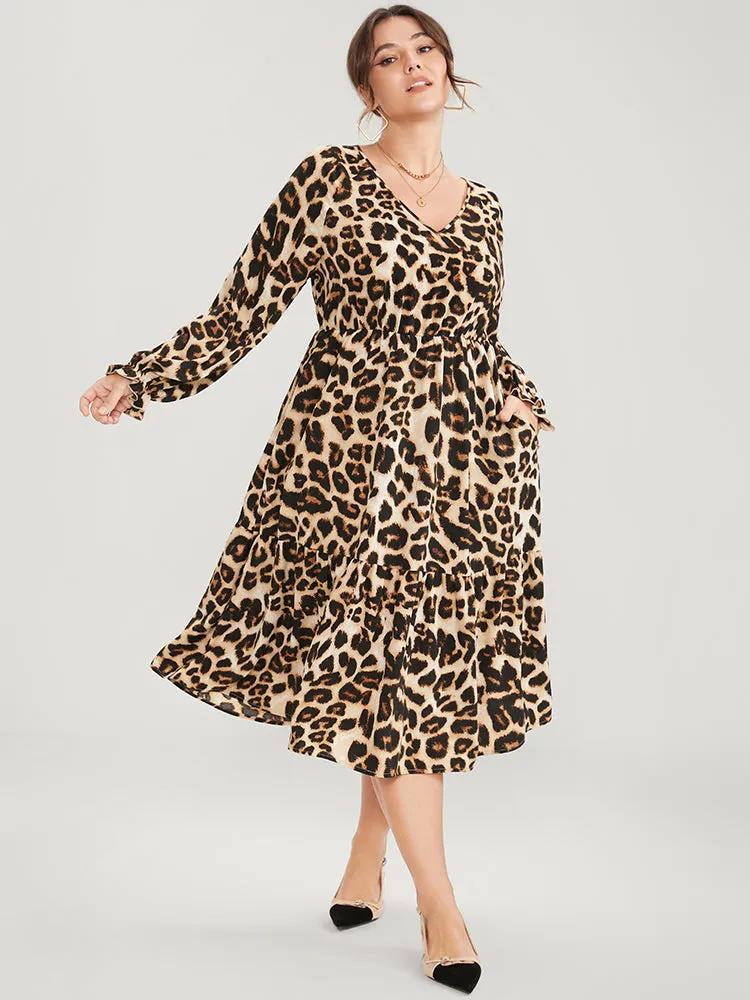 Leopard Lantern Sleeve Pocket Ruffles Tiered Dress sold by Bloomchic
