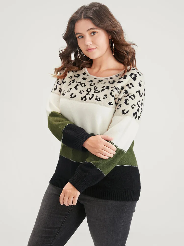 Leopard Colorblock Contrast Pointelle Knit Round Neck Knit Top sold by Bloomchic product image thumbnail 4
