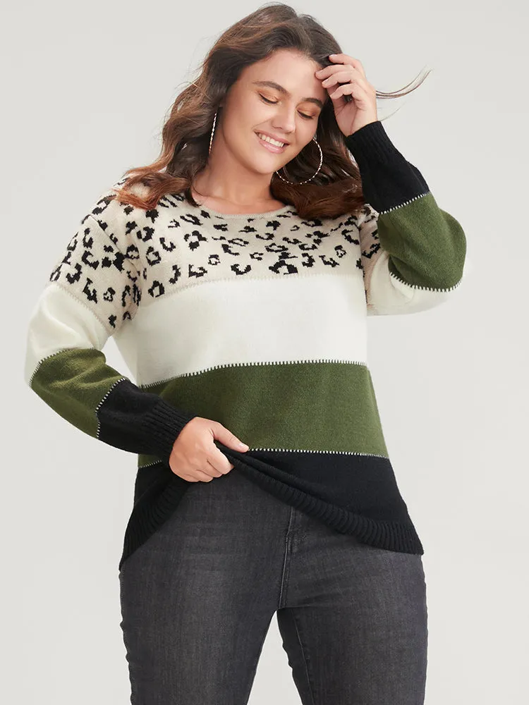 Leopard Colorblock Contrast Pointelle Knit Round Neck Knit Top sold by Bloomchic