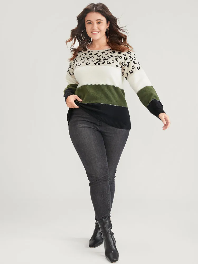 Leopard Colorblock Contrast Pointelle Knit Round Neck Knit Top sold by Bloomchic product image thumbnail 5