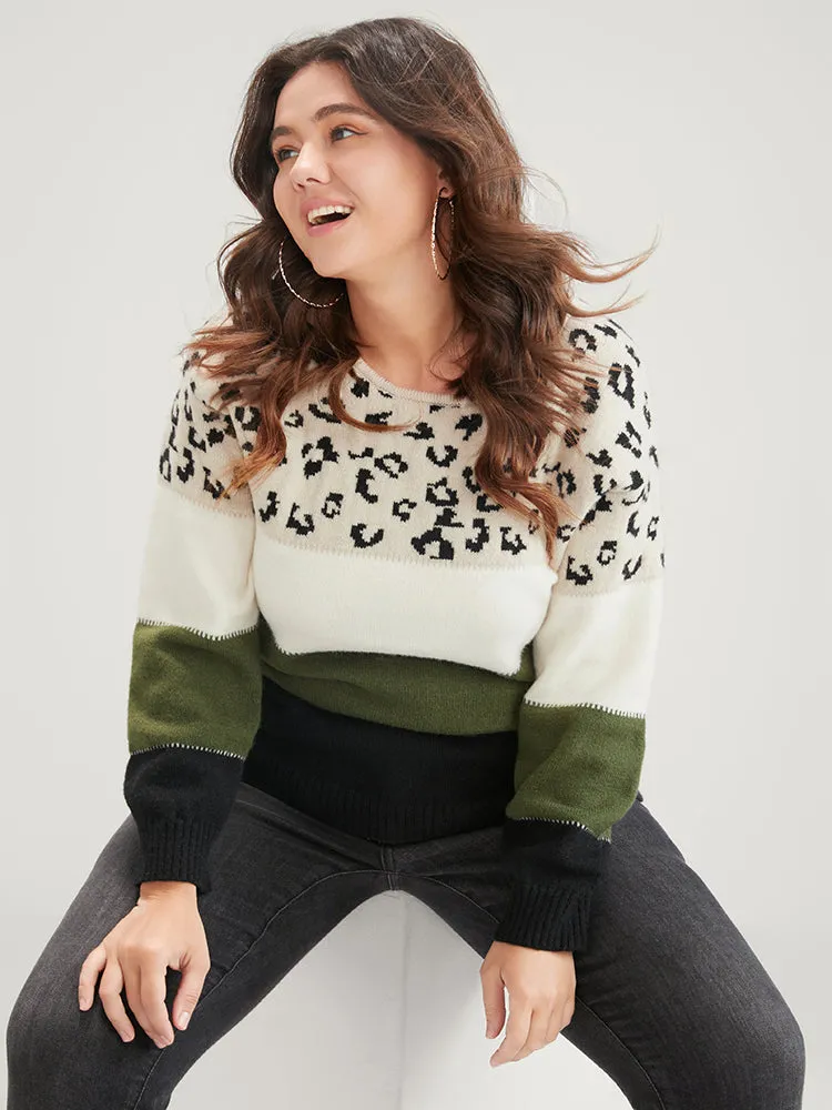 Leopard Colorblock Contrast Pointelle Knit Round Neck Knit Top sold by Bloomchic product image thumbnail 2