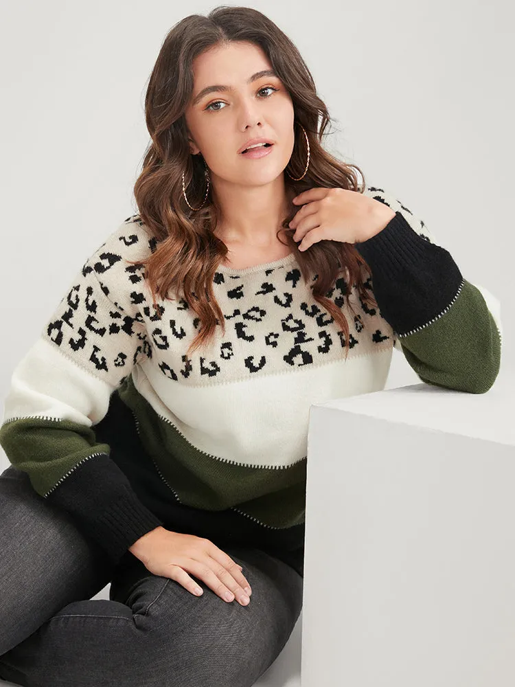 Leopard Colorblock Contrast Pointelle Knit Round Neck Knit Top sold by Bloomchic product image thumbnail 3