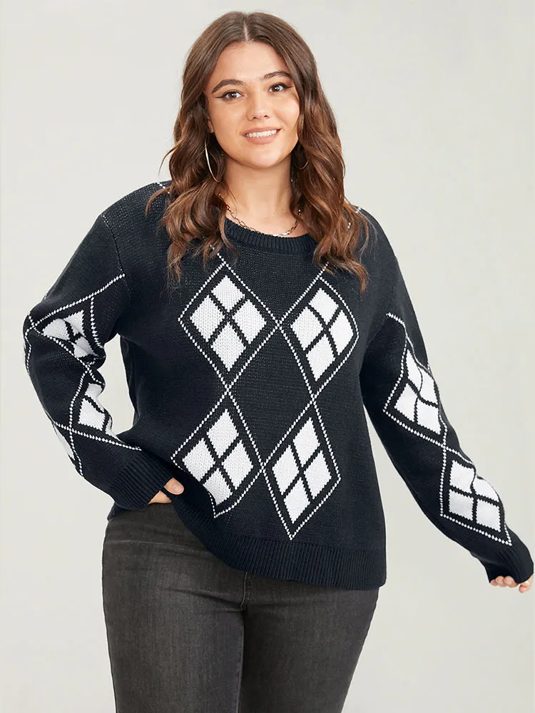 Geometric Contrast Pointelle Knit Round Neck Knit Top sold by Bloomchic