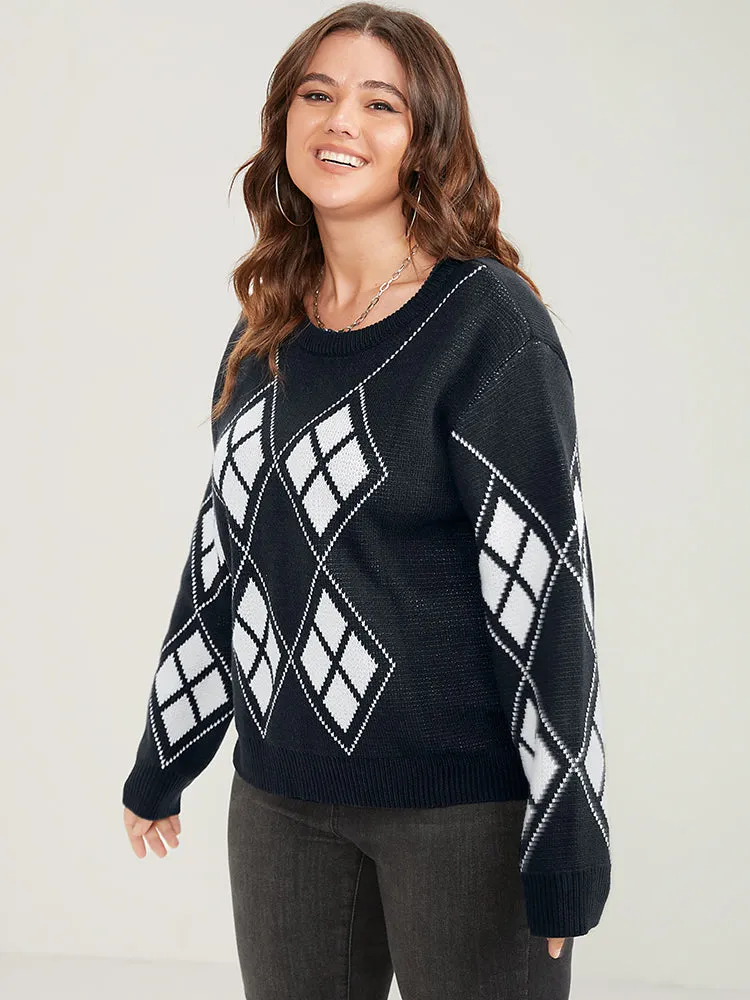 Geometric Contrast Pointelle Knit Round Neck Knit Top sold by Bloomchic product image thumbnail 5