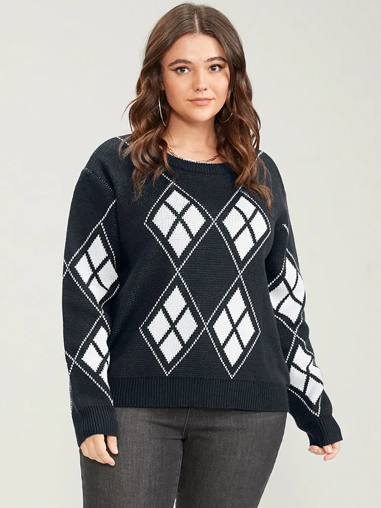 Geometric Contrast Pointelle Knit Round Neck Knit Top sold by Bloomchic product image thumbnail 2