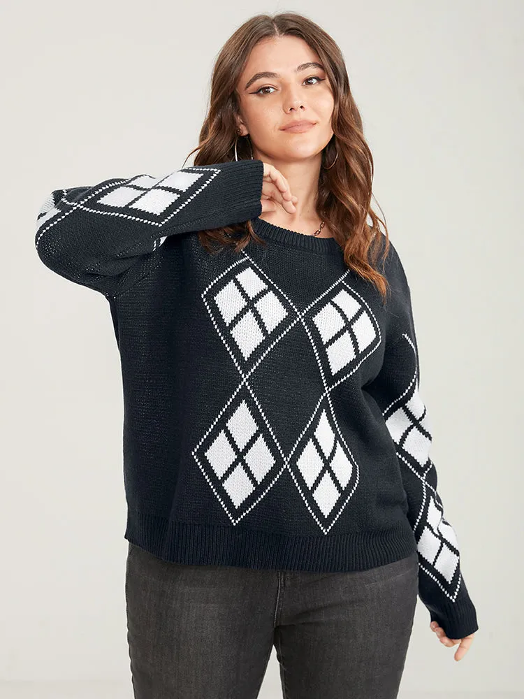 Geometric Contrast Pointelle Knit Round Neck Knit Top sold by Bloomchic product image thumbnail 4