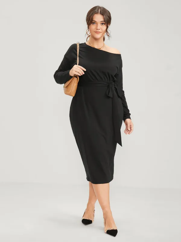 Solid Pocket Belted One Shoulder Dress sold by Bloomchic