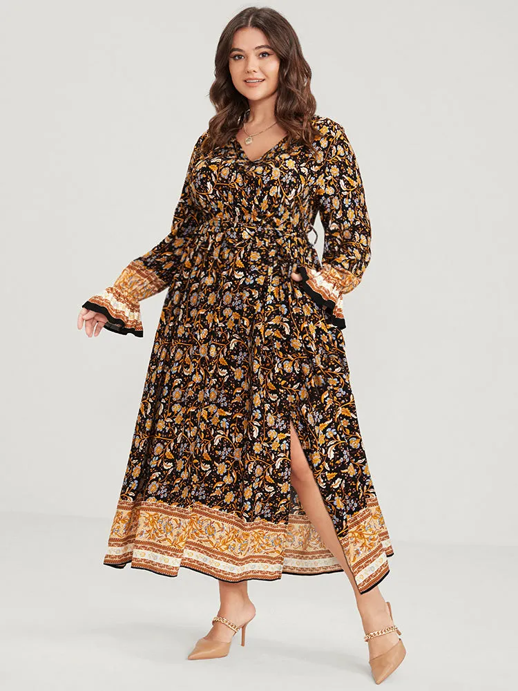 Floral Surplice Neck Pocket Lantern Sleeve Split Maxi Dress sold by Bloomchic