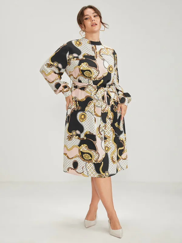 Chain Print Mock Neck Knotted Knee Dress sold by Bloomchic