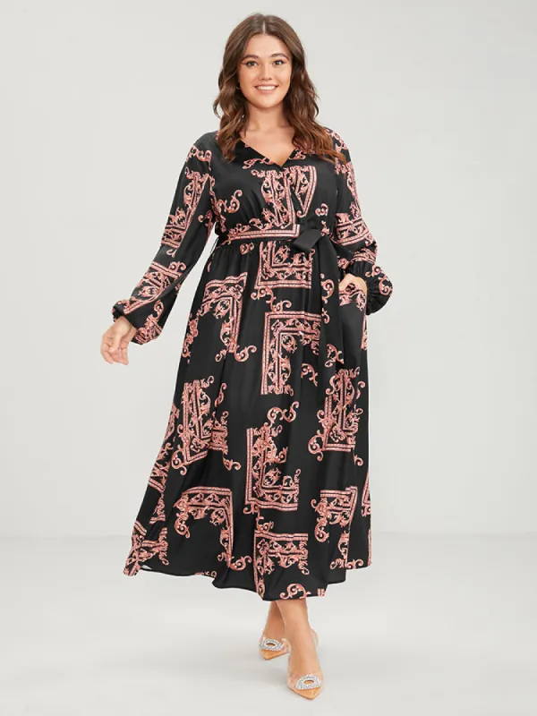 Paisley Print Wrap Pocket Lantern Sleeve Midi Dress sold by Bloomchic