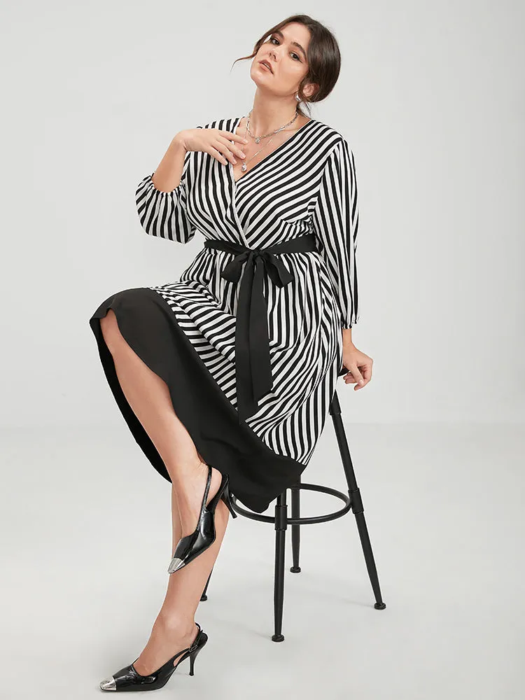 Striped Contrast Patchwork Lantern Sleeve Pocket Belted Wrap Dress sold by Bloomchic product image thumbnail 2