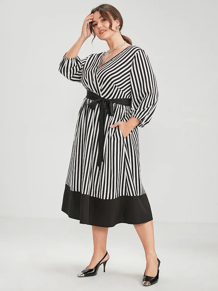 Striped Contrast Patchwork Lantern Sleeve Pocket Belted Wrap Dress sold by Bloomchic product image thumbnail 3
