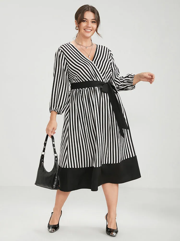 Striped Contrast Patchwork Lantern Sleeve Pocket Belted Wrap Dress sold by Bloomchic