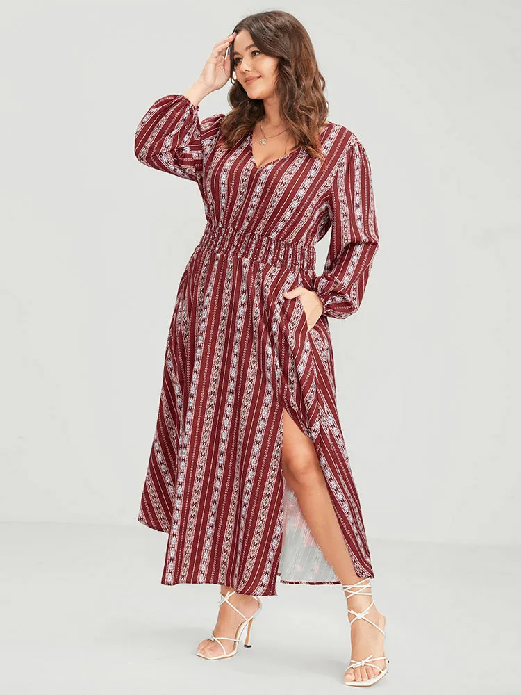 Striped Geometric Pocket Lantern Sleeve Shirred Split Dress sold by Bloomchic product image thumbnail 3