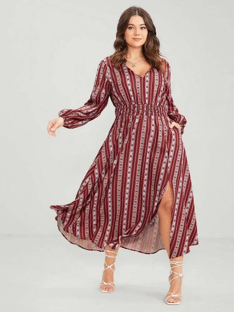 Striped Geometric Pocket Lantern Sleeve Shirred Split Dress sold by Bloomchic product image thumbnail 4