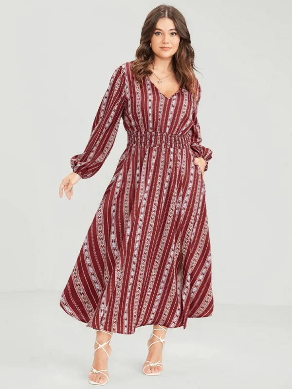 Striped Geometric Pocket Lantern Sleeve Shirred Split Dress sold by Bloomchic