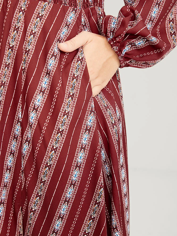 Striped Geometric Pocket Lantern Sleeve Shirred Split Dress sold by Bloomchic product image thumbnail 5