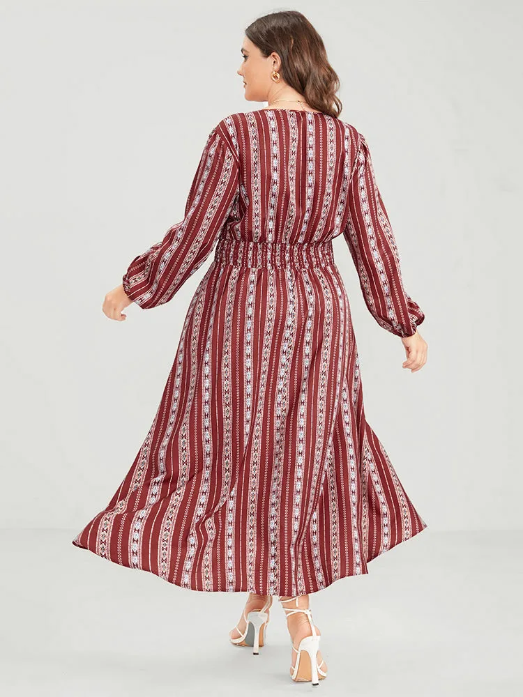 Striped Geometric Pocket Lantern Sleeve Shirred Split Dress sold by Bloomchic product image thumbnail 2