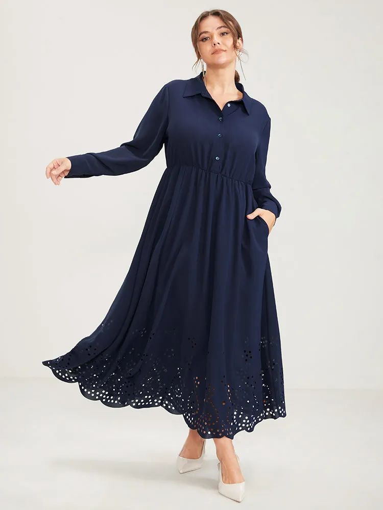 Solid Shirt Collar Pocket Button Up Laser Cut Flutter Dress sold by Bloomchic product image thumbnail 3